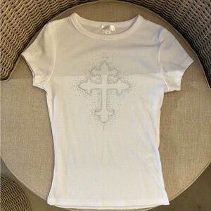 White Short Sleeve Tee with Cross Design